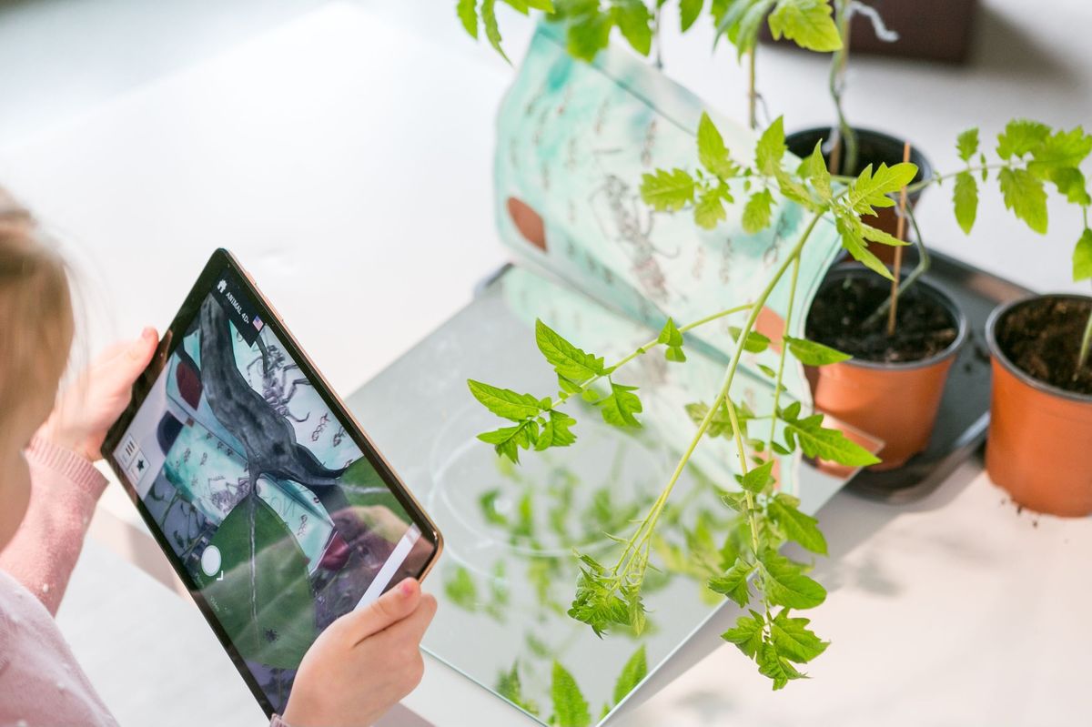 Vaikas fotografuoja augalų lapus planšetėje – skaitmeninis įrankis gamtos reiškinių dokumentavimui